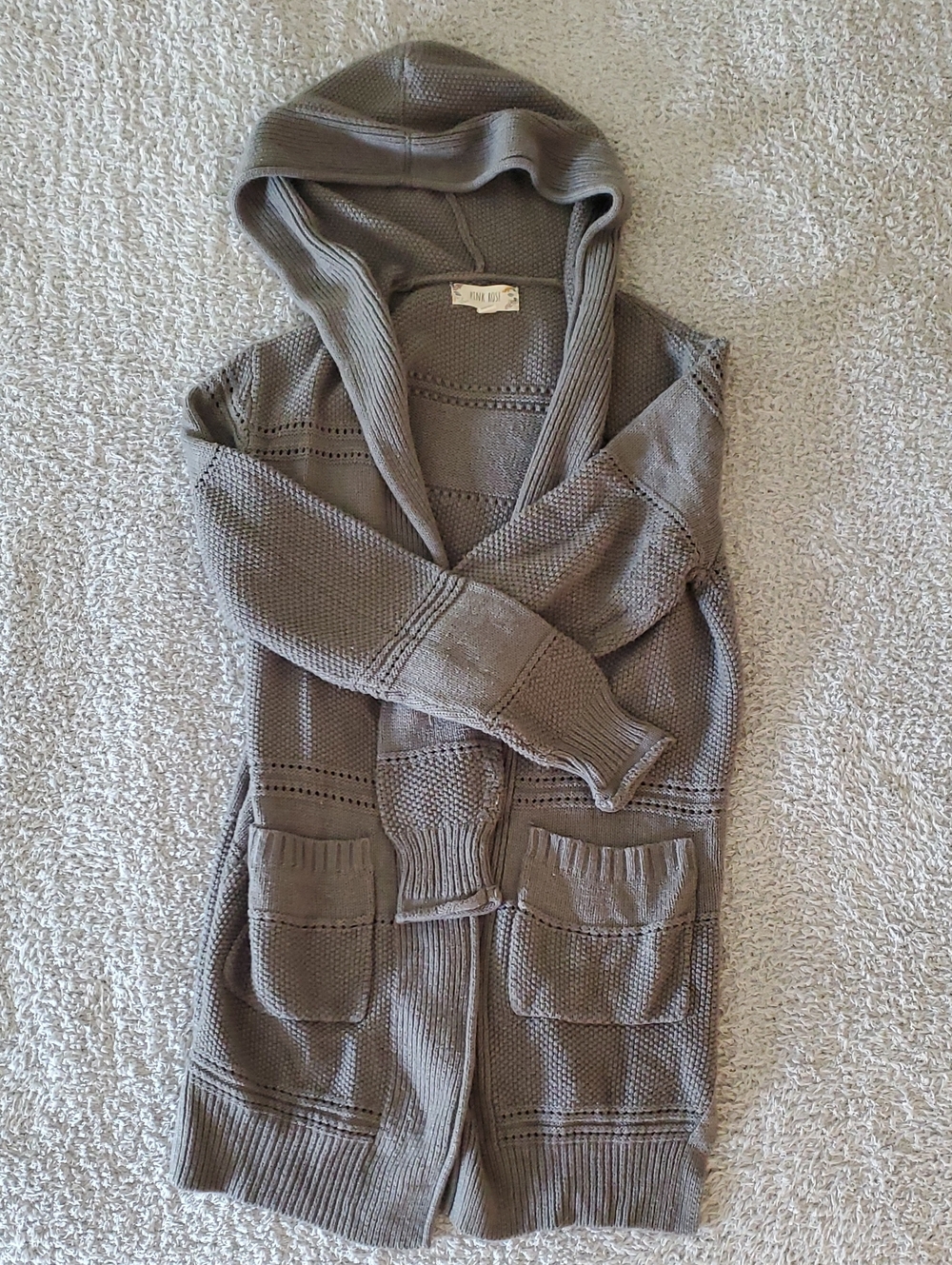 Pink Rose Grey Hooded Open-Front Knit Cardigan